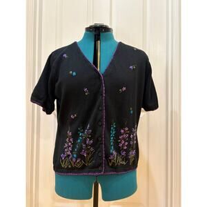 Women's Size L Short Sleeve Black Cardigan with Embroidered Wildflowers